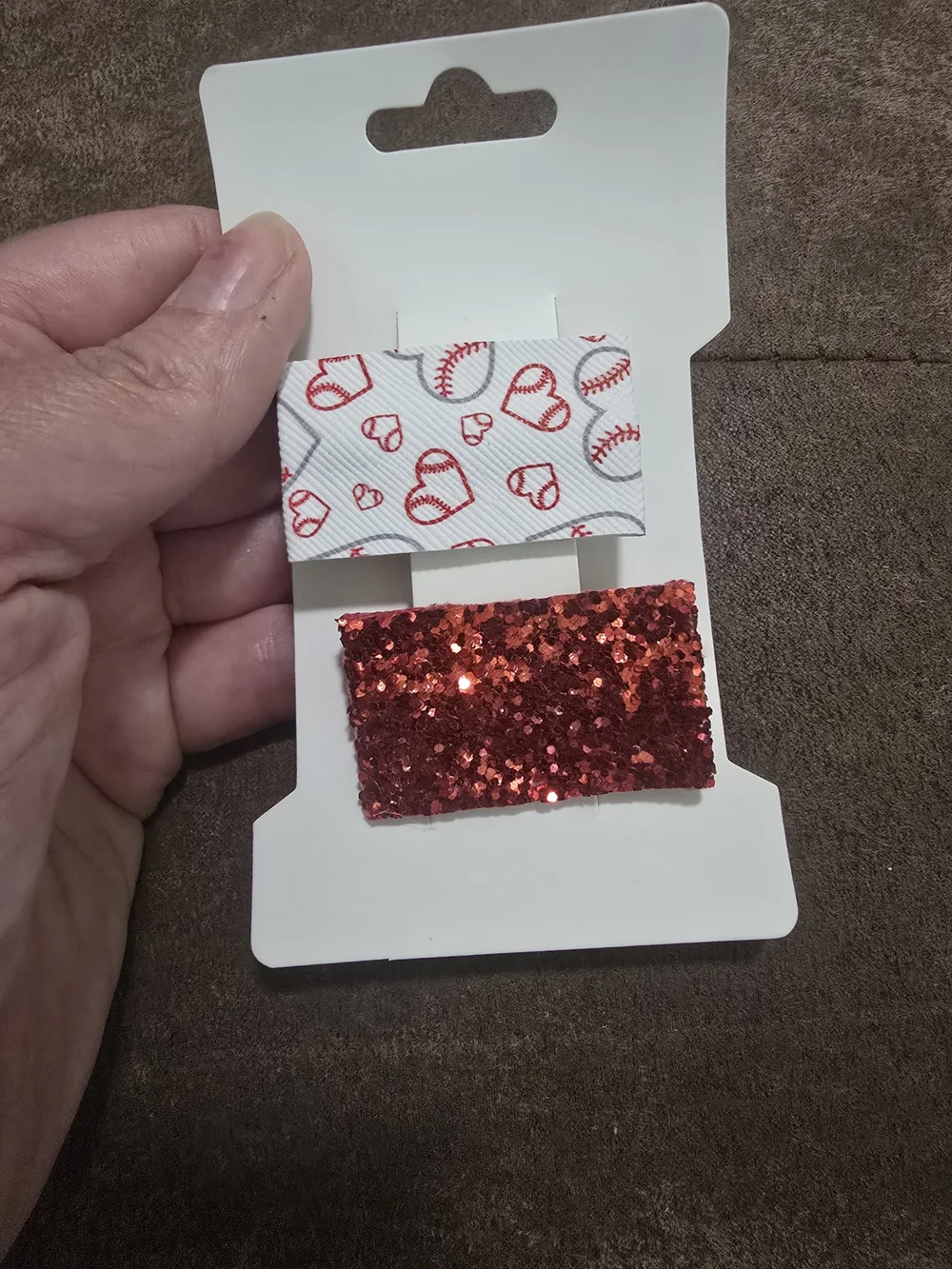 Kids Red Glitter Hair Clip Set - Heart & Baseball Print